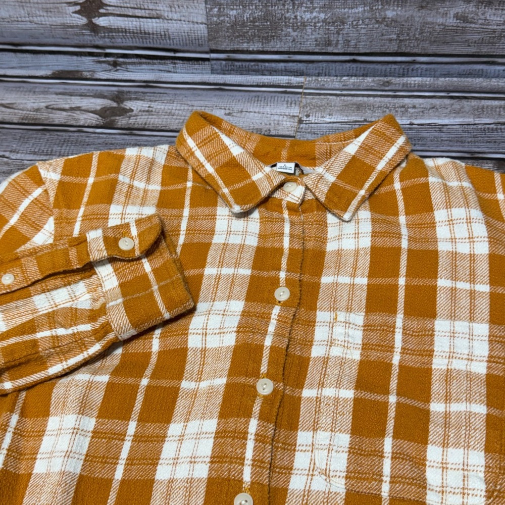 LL Bean Signature Flannel Shirt Women Large Orange Plaid Long Sleeve Button Up